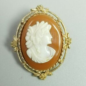 Vintage Orange and White Oval Cameo Brooch, Gold Tone Frame Lapel Pin, Estate